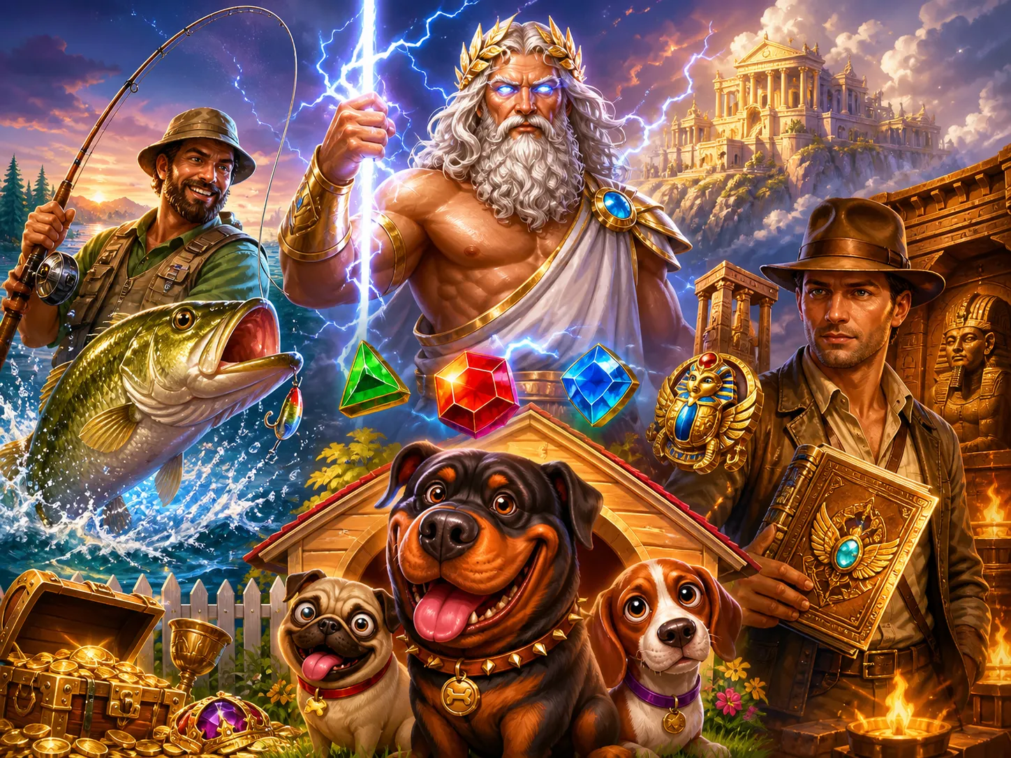 Vibrant slot game artwork featuring colorful characters, mythical landscapes, and fantasy themes resembling premium casino ga
